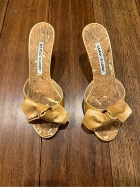 Manolo Blahnik Gold Wedge Sandals with Bow Accent